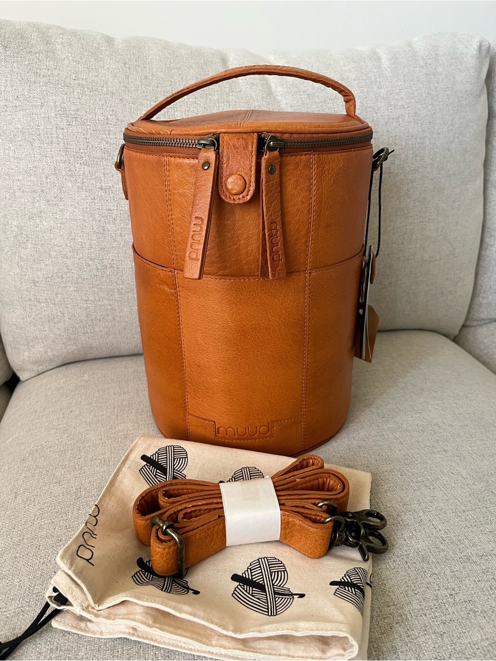 Muud Saturn XL whiskey leather knitting project bag NWT